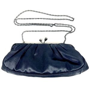 Vintage Jessica McClintock Black Satin Kiss Lock Clutch Chain Strap Evening Bag